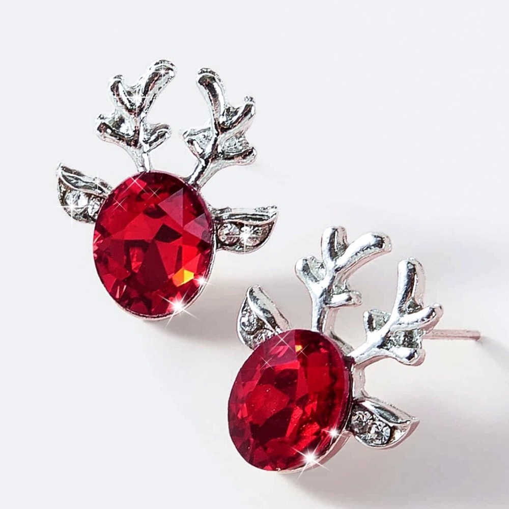 Silver & Red Crystal Reindeer Stud Earrings - Picture 2 of 8